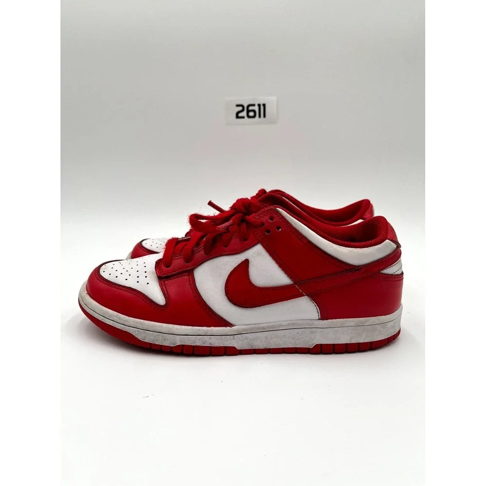 Nike Dunk Low‎ Youth 6.5 Shoes Summit White Red Leather Swoosh Lace Up Sneakers